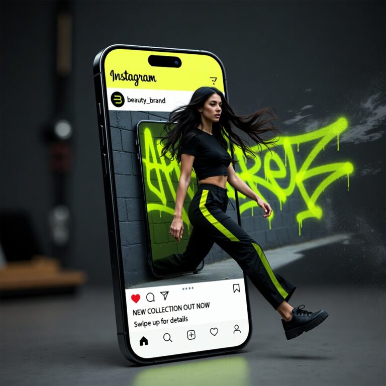 Woman stepping out of a giant Instagram phone with a graffiti background.