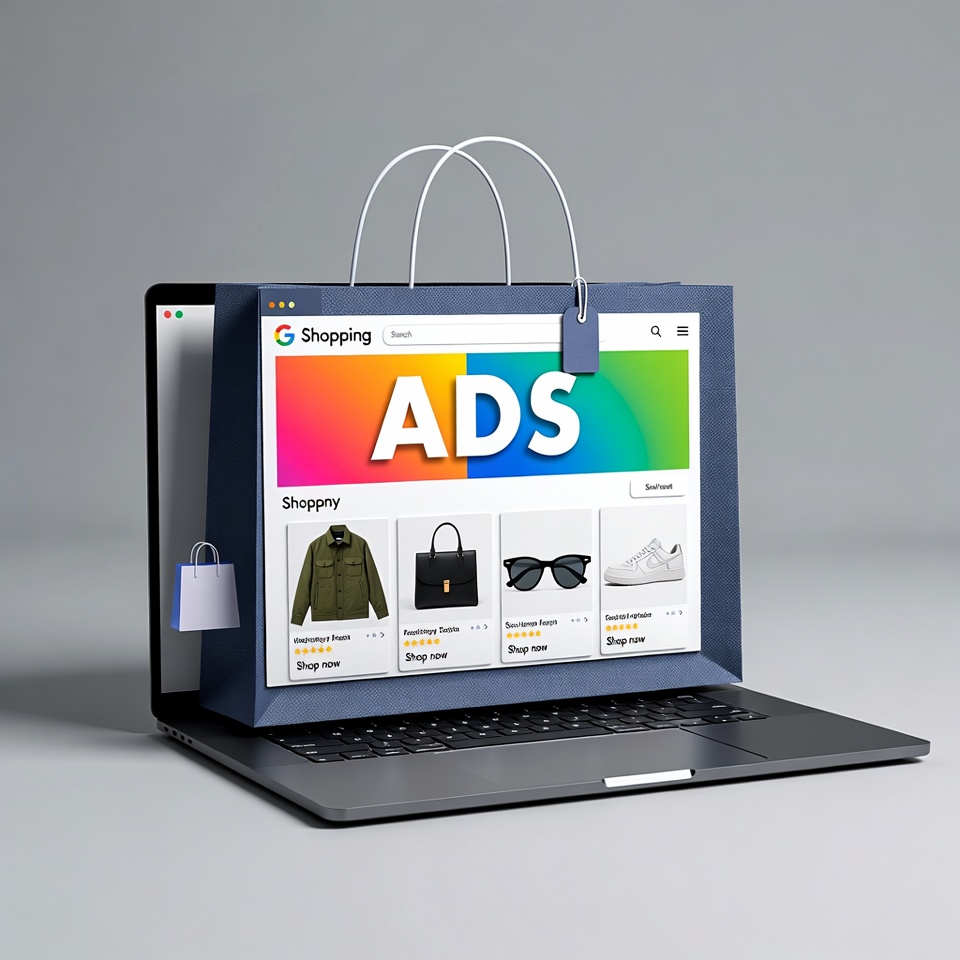 Laptop with a shopping ads page inside a large shopping bag.