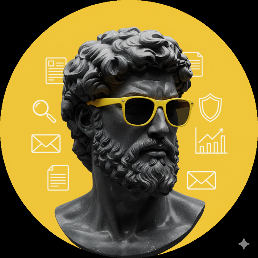 Black statue bust in front of a yellow circle with icons.