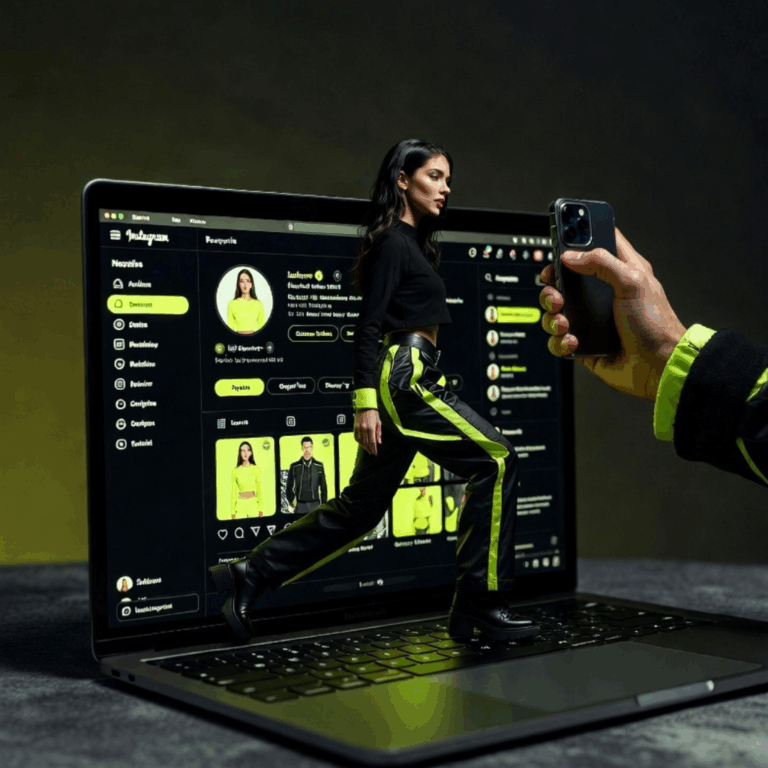 Woman walking on a laptop screen with Instagram open.