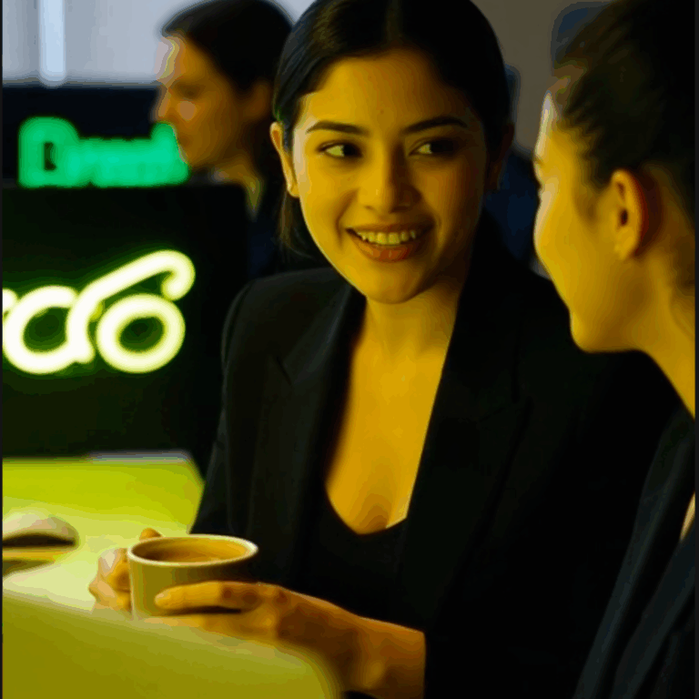 Smiling woman holding a coffee cup and talking to a colleague.