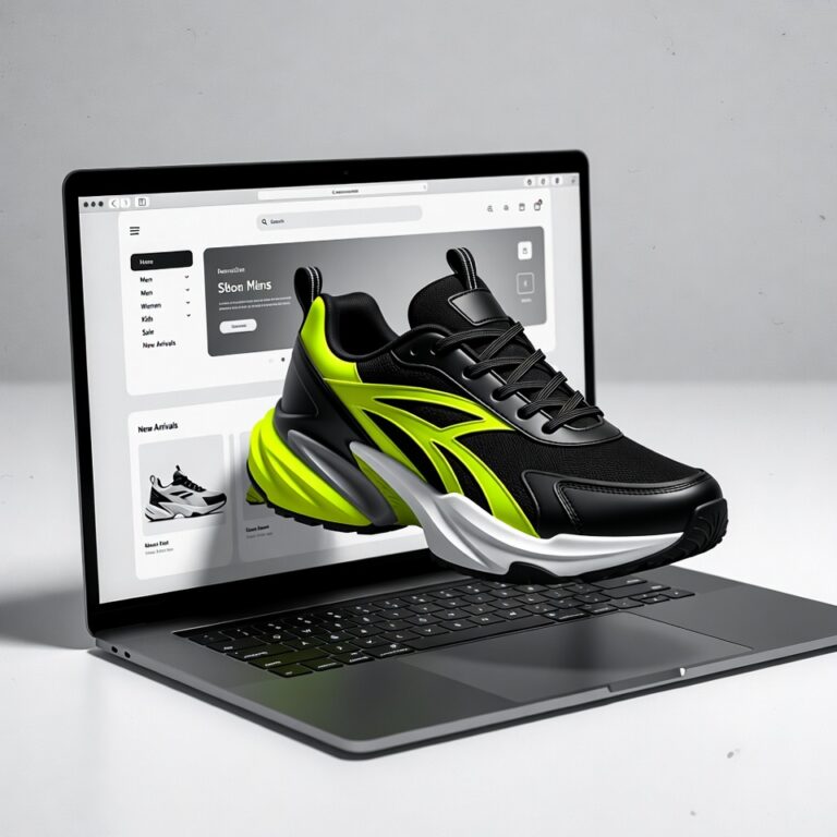 Black and neon yellow sneaker emerging from a laptop screen.