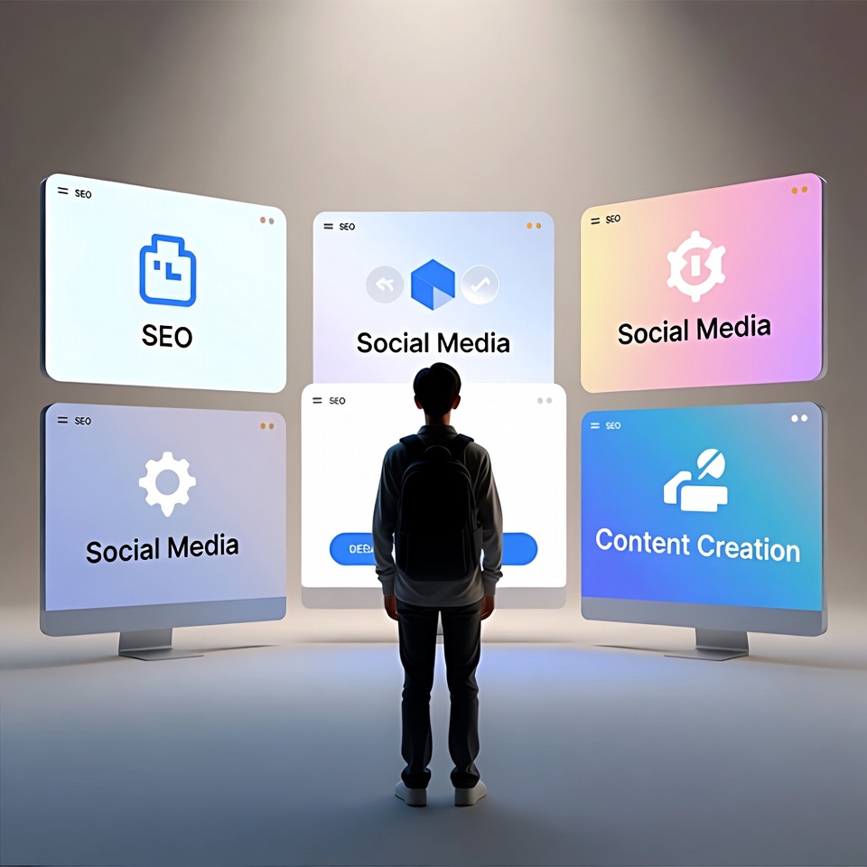 Person standing in front of large SEO and social media and content creation screens.