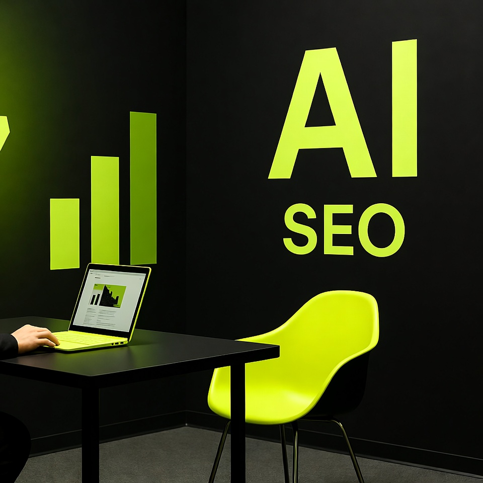 Office with AI SEO logo and laptop
