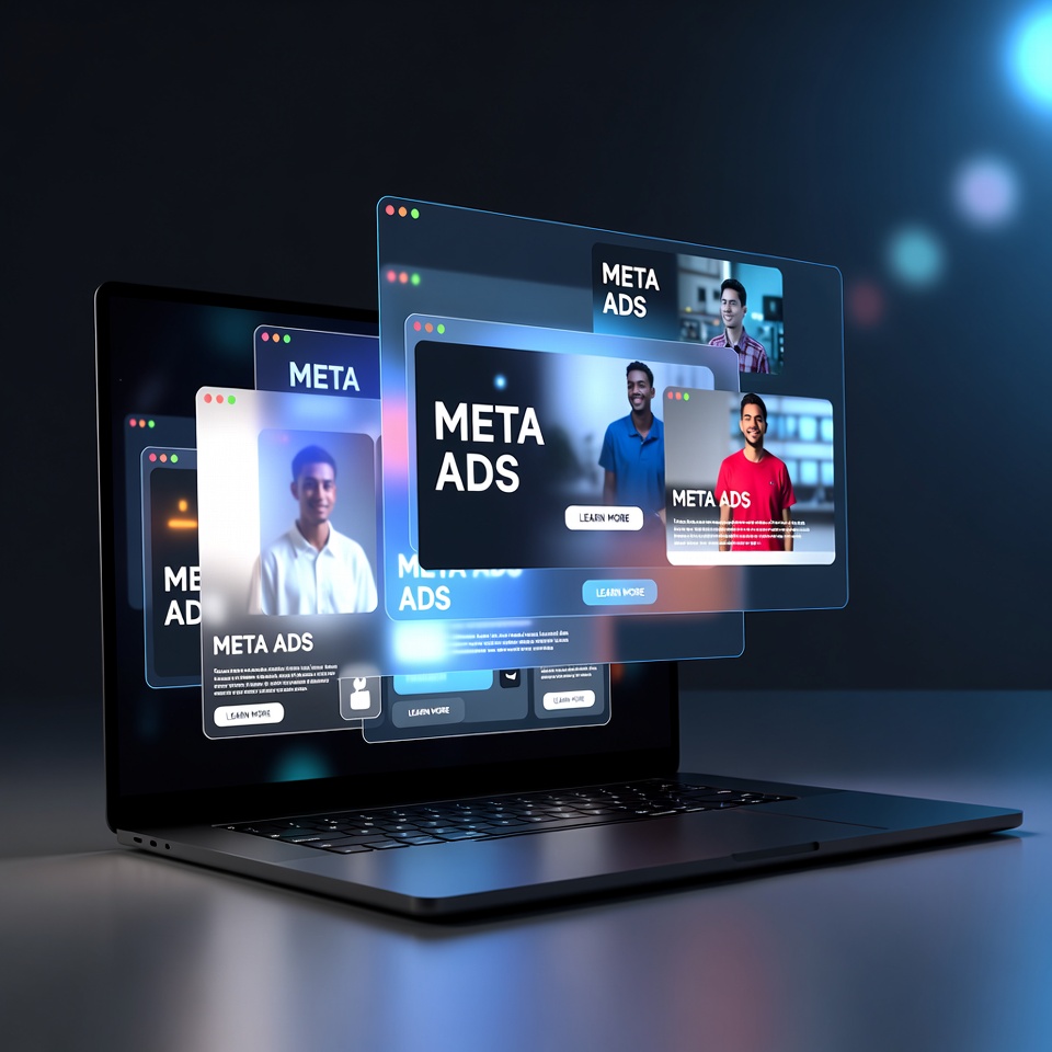 Floating Meta Ads dashboards above a laptop.