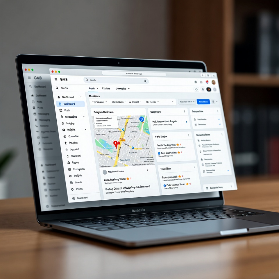 Laptop screen showing a Google My Business map dashboard.