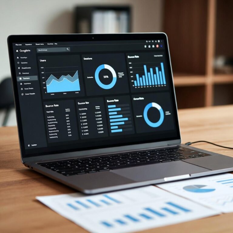 Laptop displaying a dark-themed analytics dashboard with charts.
