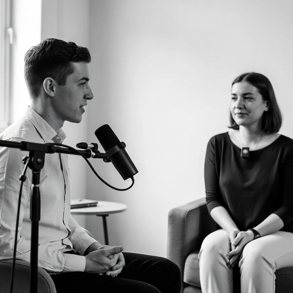 Two people recording a podcast in a studio.