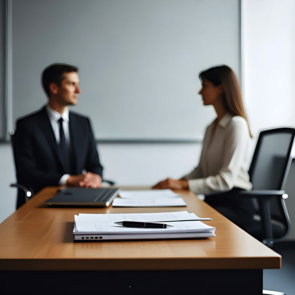 Two people in a formal job interview at a desk.