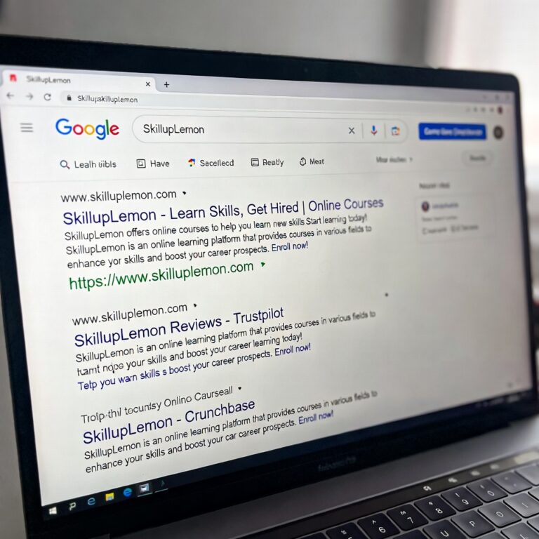 Laptop screen showing Google search results for “SkillupLemon".