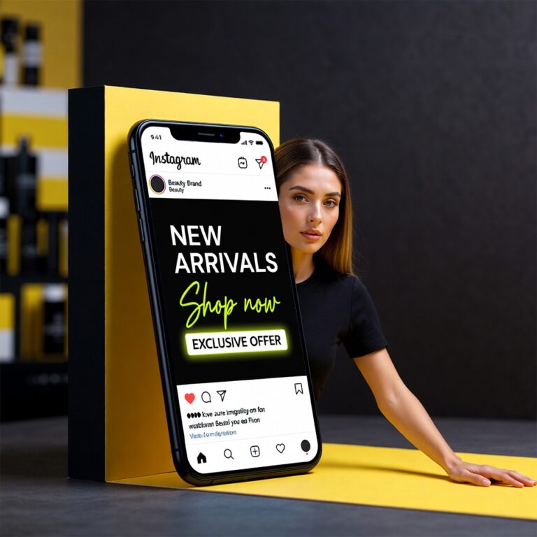 Instagram ad on a large phone next to a woman.